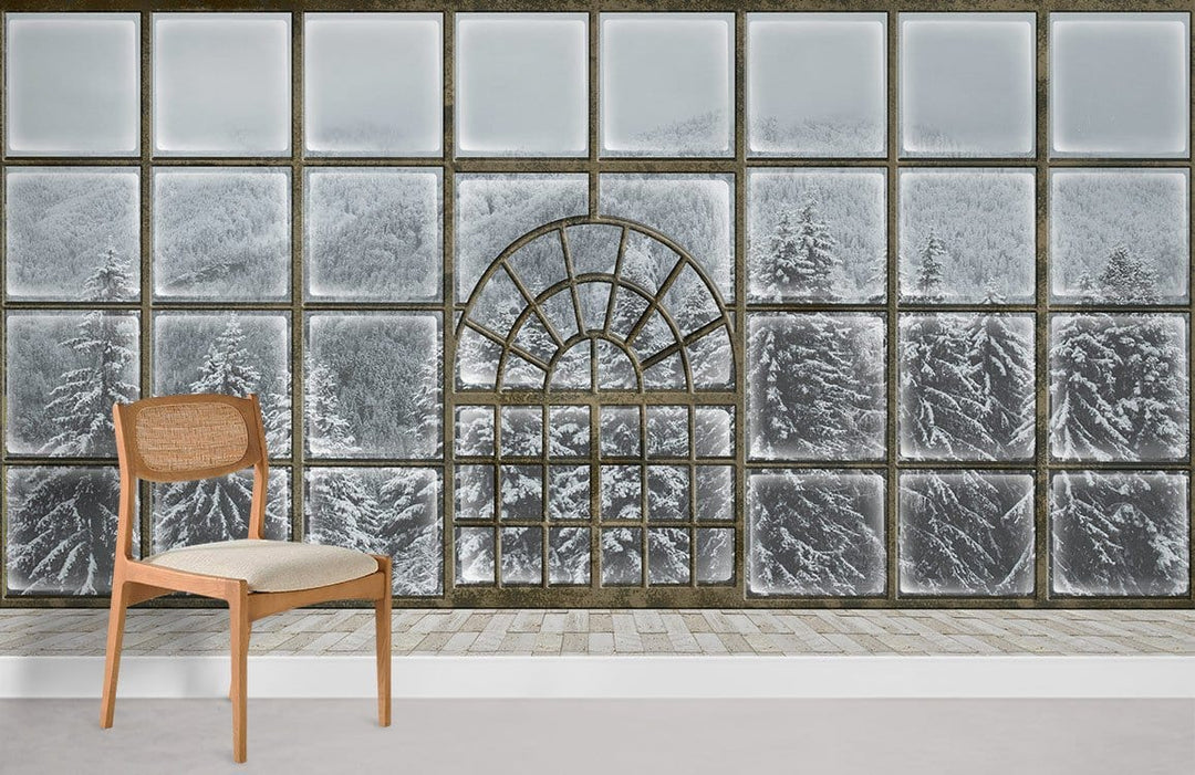 Rustic Frosted Forest Mural Wallpaper in grey tones with windowpane design, wooden chair, light flooring.