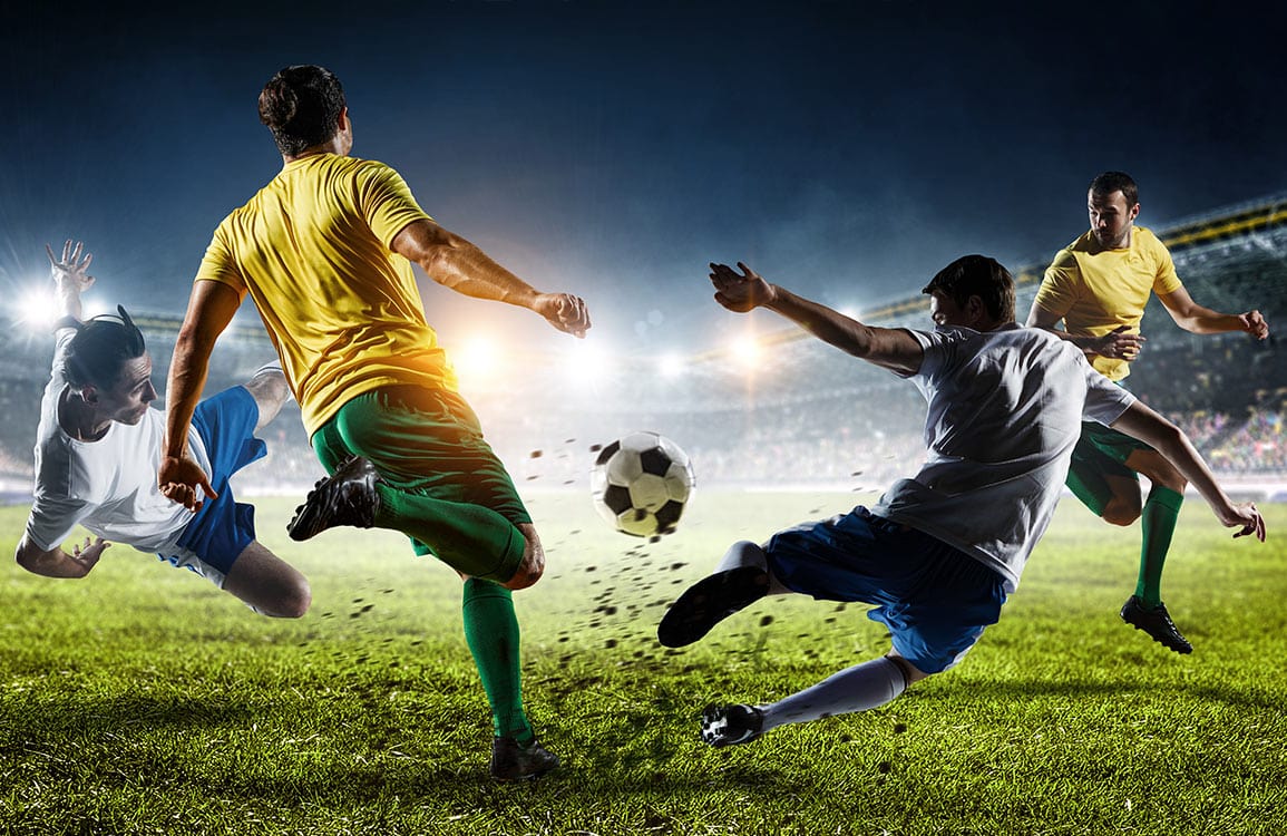 Dynamic Football Match Mural Wallpaper - Vibrant Athletic Action Scene in Stadium