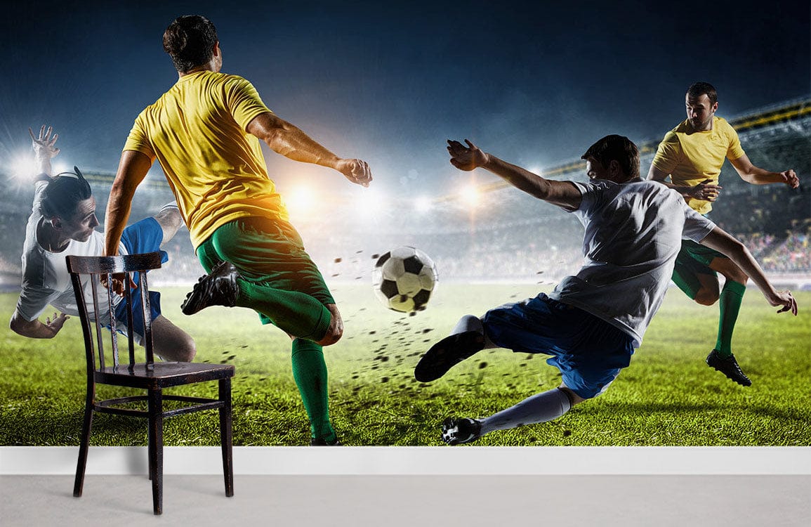 Vibrant Dynamic Football Match Mural Wallpaper, athletic stadium scene, black chair, grey flooring.