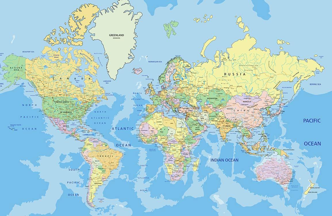 Vintage World Map Mural Wallpaper with Colourful Geographic Details