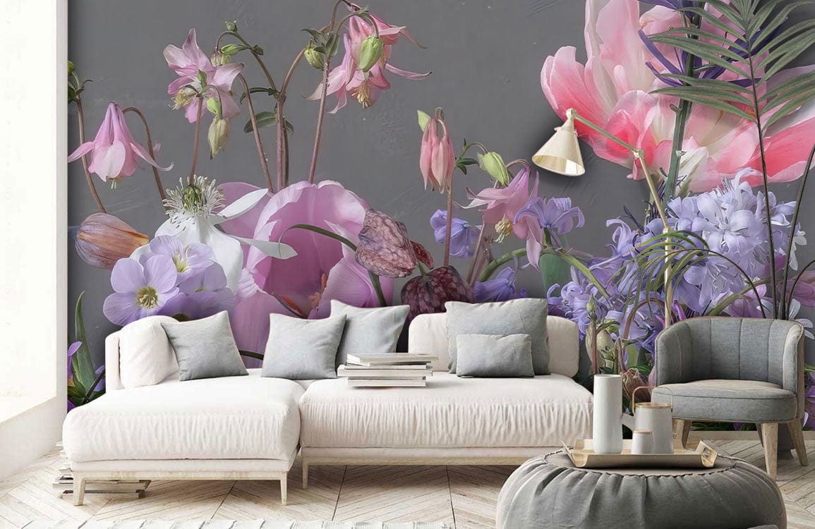 Vintage pastel floral wallpaper mural in living room with grey sofa and chevron wood flooring.