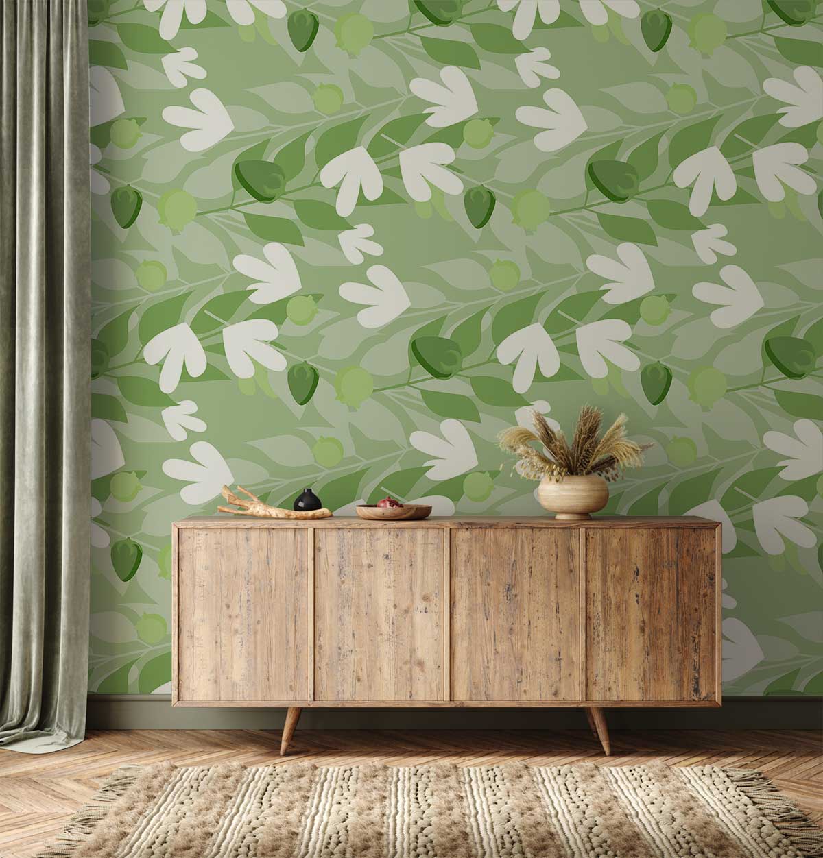 Green Floral Elegance wallpaper in modern room, wooden sideboard, green curtain, textured rug flooring.