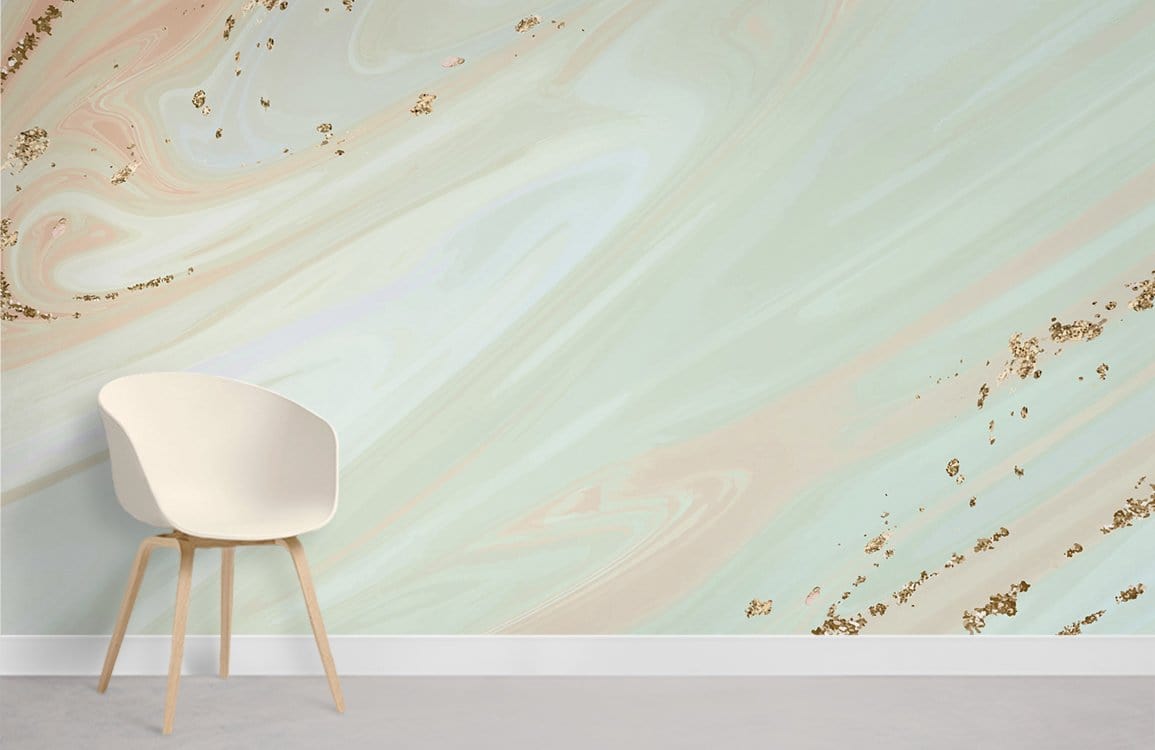 Elegant marble-effect wallpaper with gold accents, white chair, neutral flooring in modern interior room.