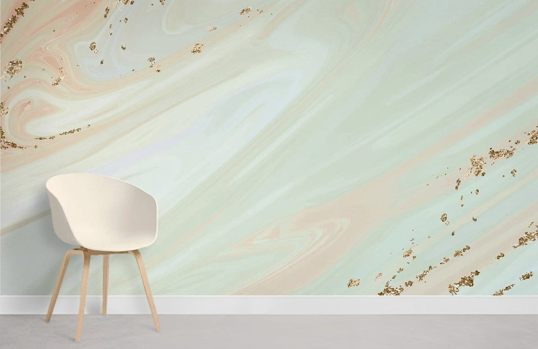 Elegant marble-effect wallpaper with gold accents, white chair, neutral flooring in modern interior room.