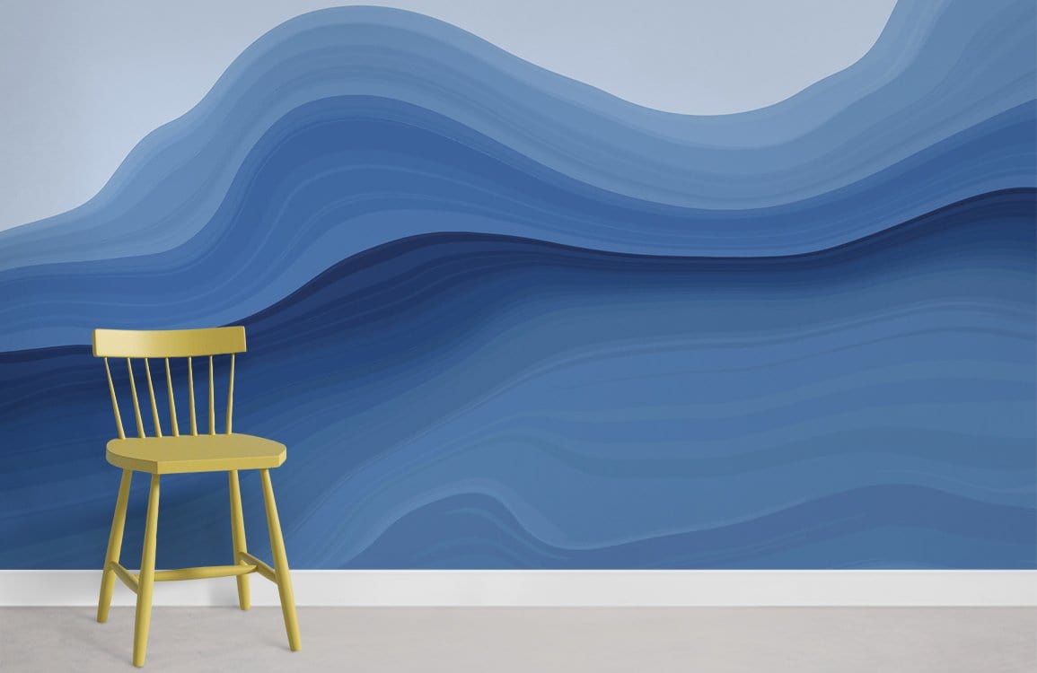 Elegant blue wave gradient mural wallpaper, modern yellow chair, minimalist style, grey flooring, oceanic theme.