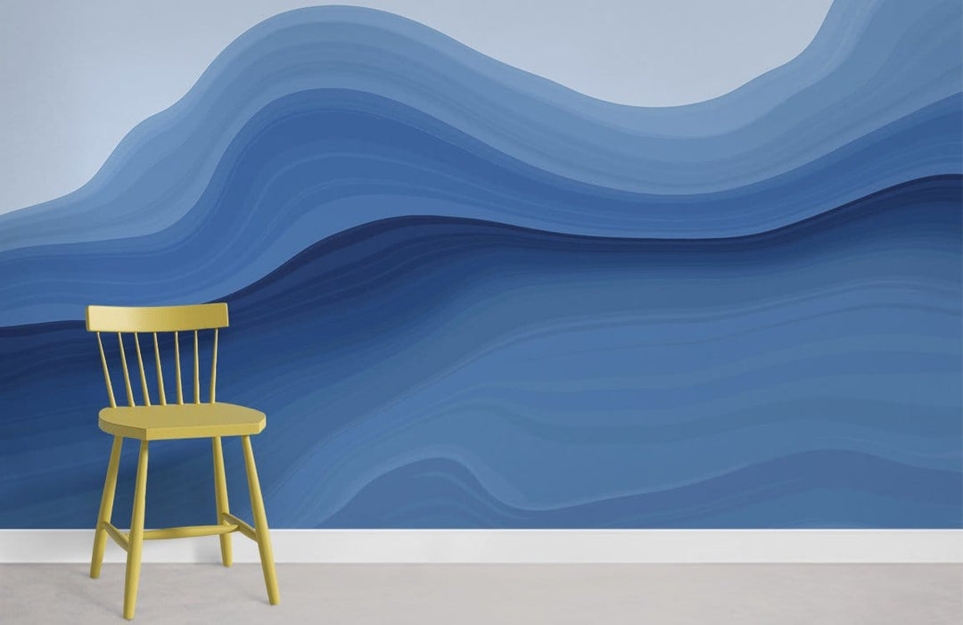 Elegant blue wave gradient mural wallpaper, modern yellow chair, minimalist style, grey flooring, oceanic theme.