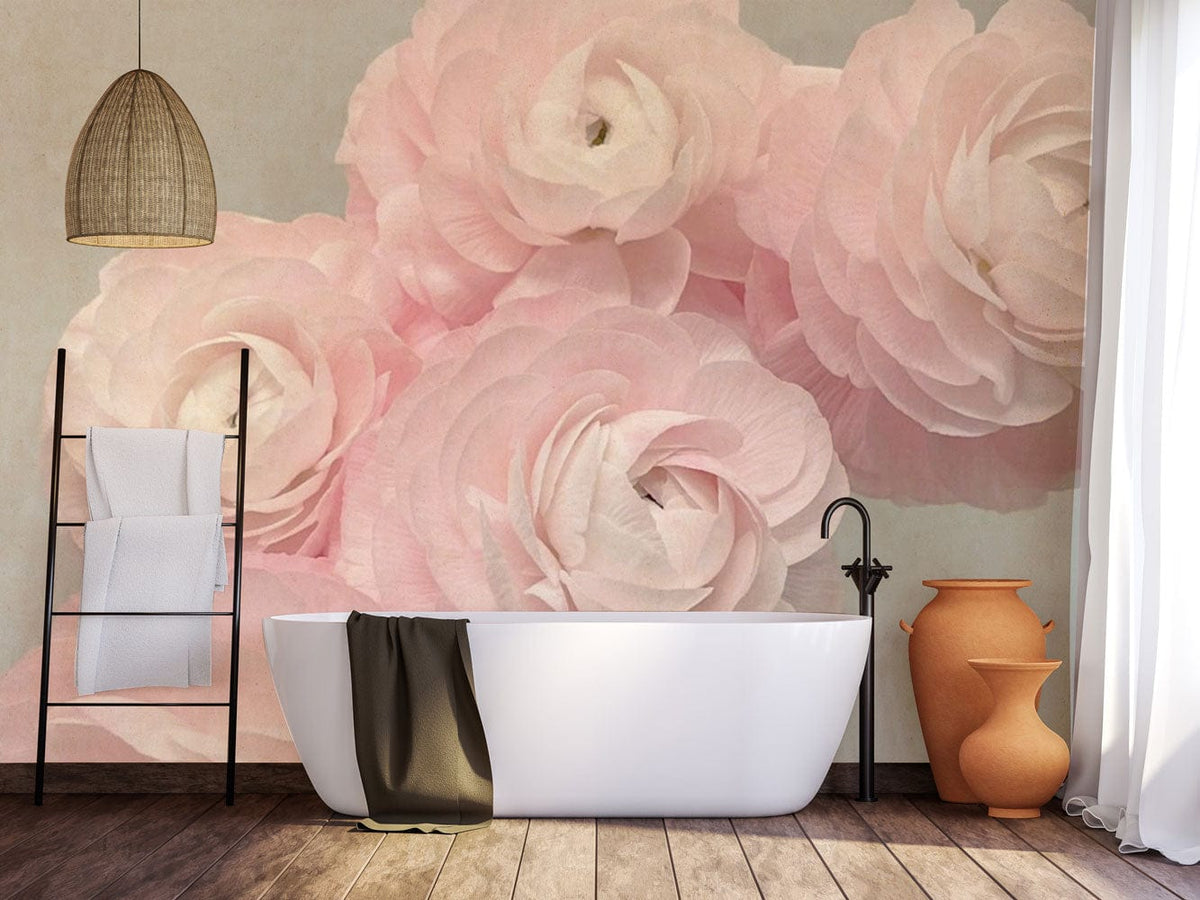 Soft Pink Floral Elegance Wallpaper in bathroom with white bathtub, wooden flooring, and woven pendant light.