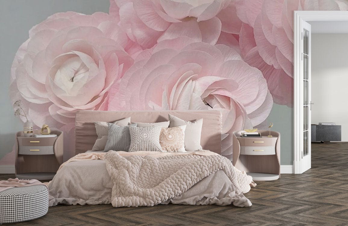 Soft pink floral wallpaper with beige bed in elegant bedroom, herringbone wooden flooring, cosy atmosphere.