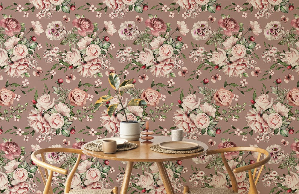Vintage Blossom Floral Mural Wallpaper in soft tones, wooden dining set, floral-themed decor in dining room.