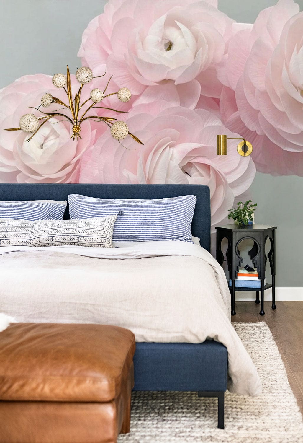 Soft Pink Floral Elegance Wallpaper in bedroom with blue bed, leather ottoman, and elegant floral design.