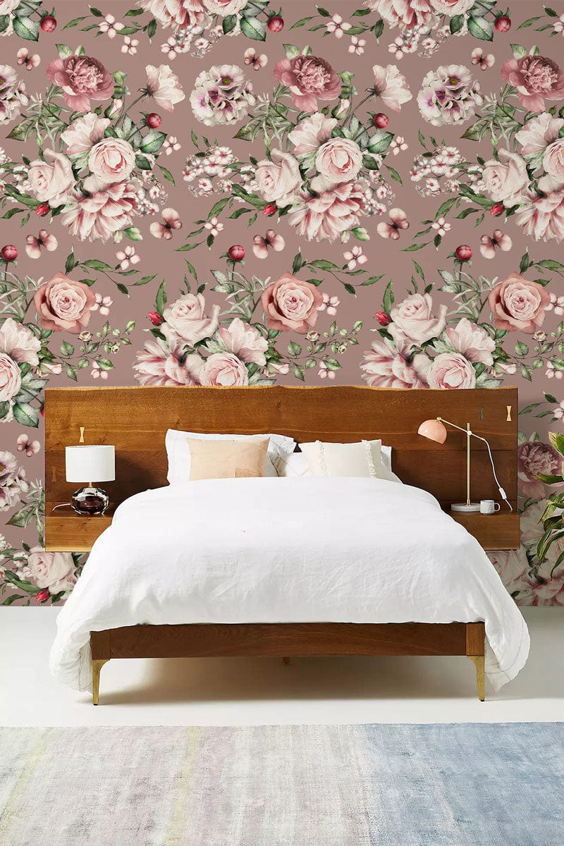 Vintage Blossom Floral Mural: Soft Pink, Green Tones, Wooden Bed, Cosy Bedroom, White Bedding, Modern Decor.