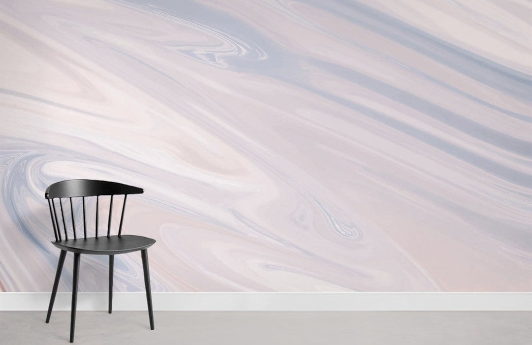 Soft pastel marble effect swirl wallpaper, elegant neutrals, modern chair, minimalist room, grey flooring.