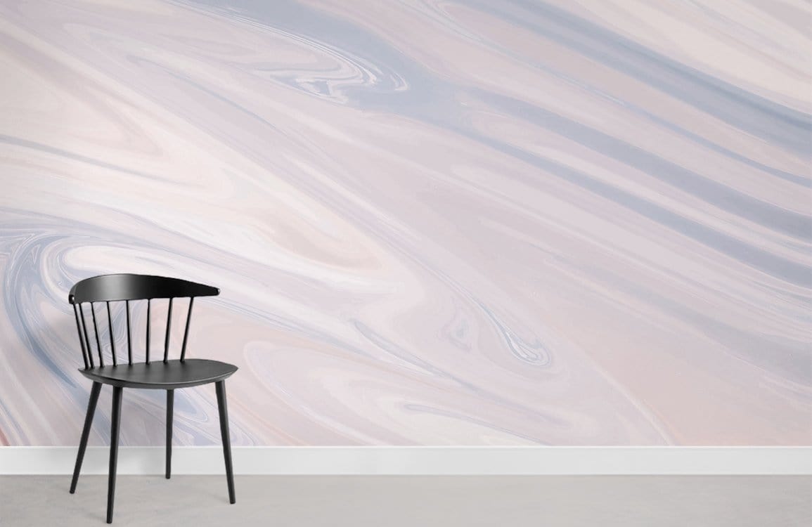 Soft pastel marble effect swirl wallpaper, elegant neutrals, modern chair, minimalist room, grey flooring.