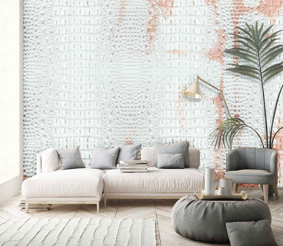 Vintage Textured White and Pink Crocodile Effect Wallpaper, modern living room, grey sofa, parquet flooring.