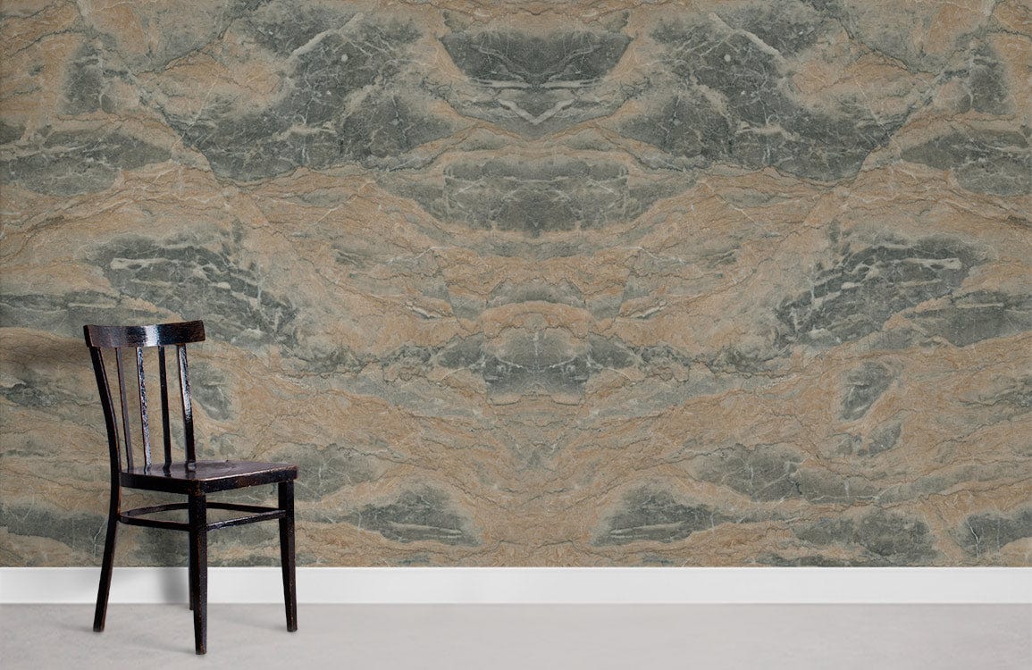 Earthy Marble Pattern Wallpaper with elegant brown and grey texture; wooden chair on grey floor.