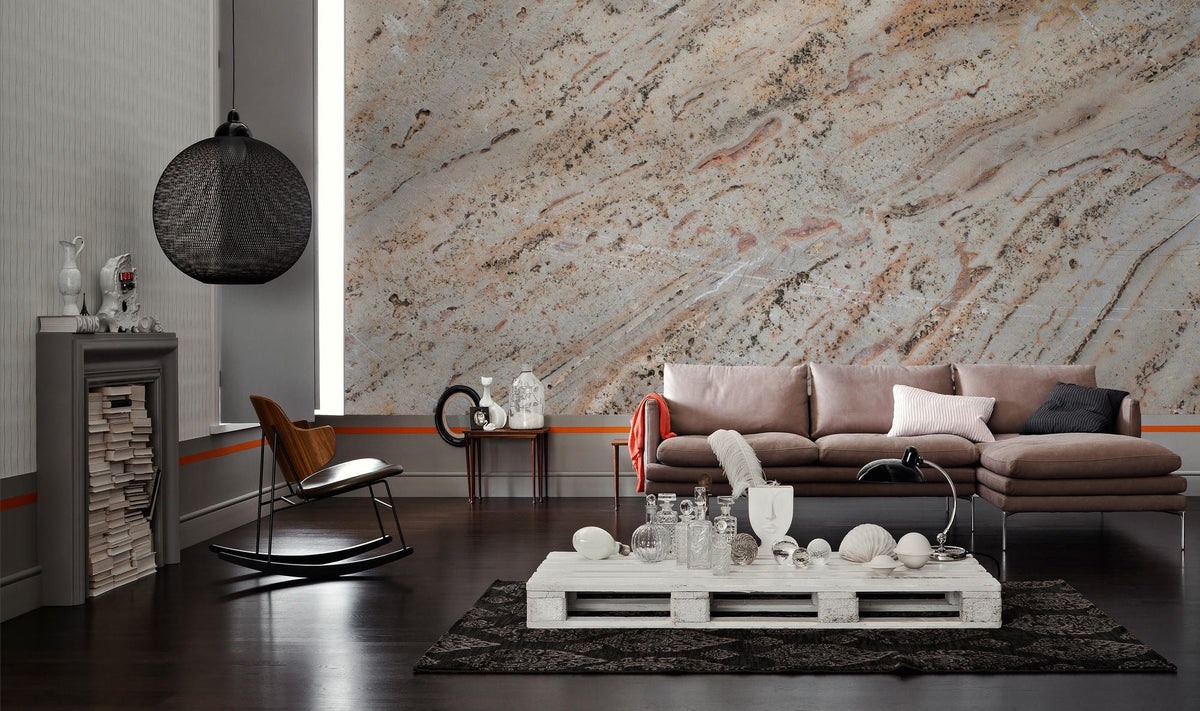 Elegant Earth-Toned Marble Effect Wall Mural in living room with brown sofa and dark wood flooring.