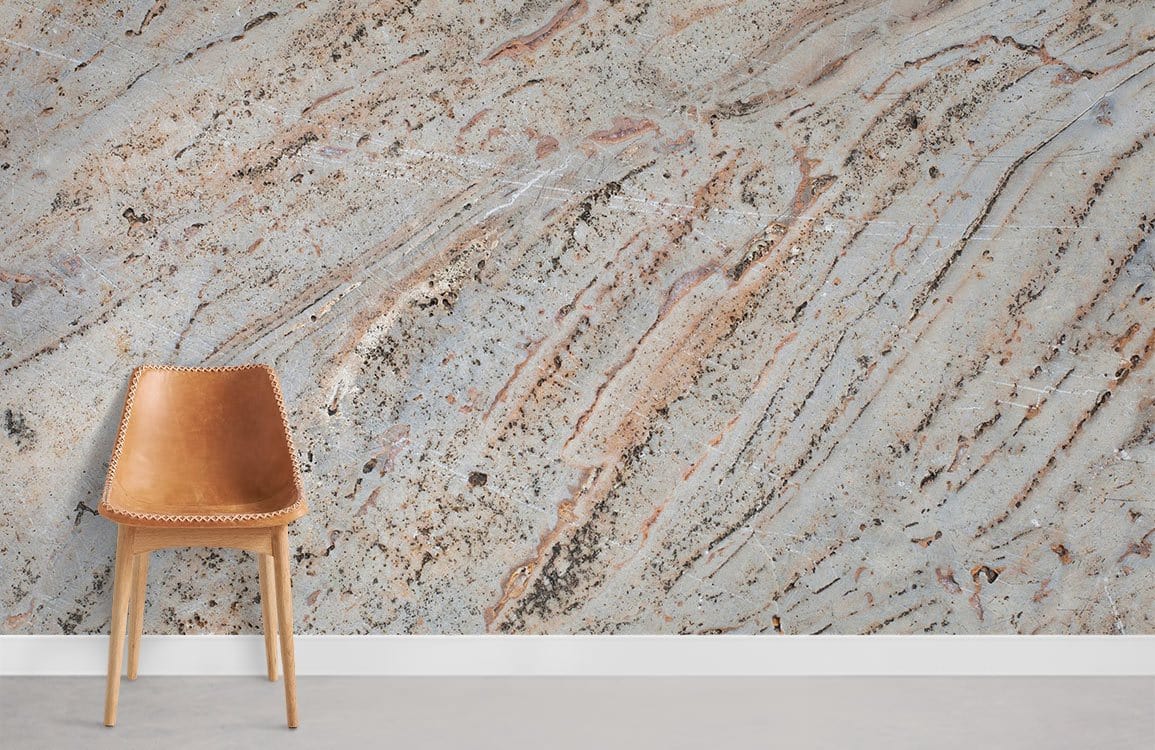 Elegant earth-toned marble effect wall mural, featuring tan leather chair on grey floor.