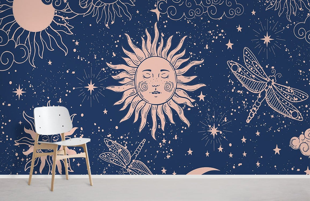 Celestial Dreams wallpaper, midnight blue boho sun, moon, dragonfly pattern, white chair, light flooring.