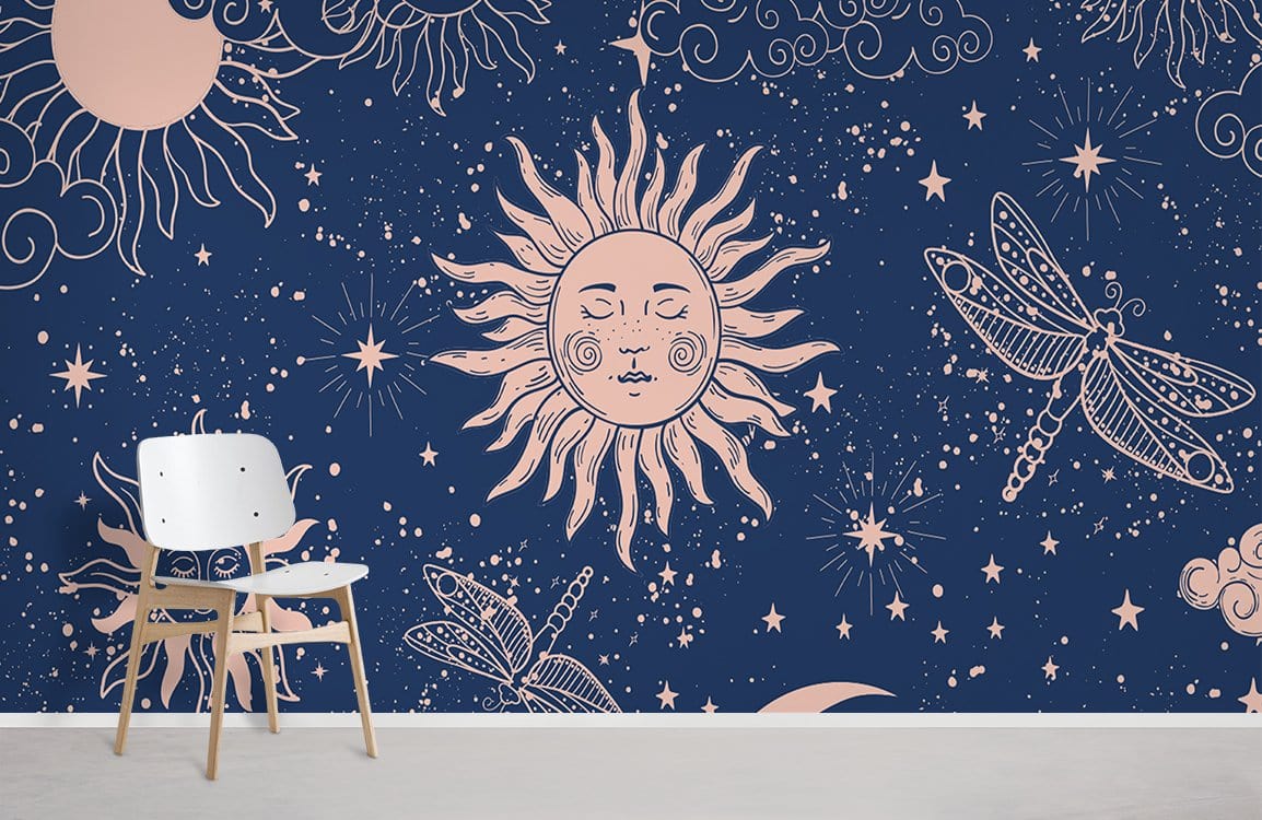Celestial Dreams wallpaper, midnight blue boho sun, moon, dragonfly pattern, white chair, light flooring.