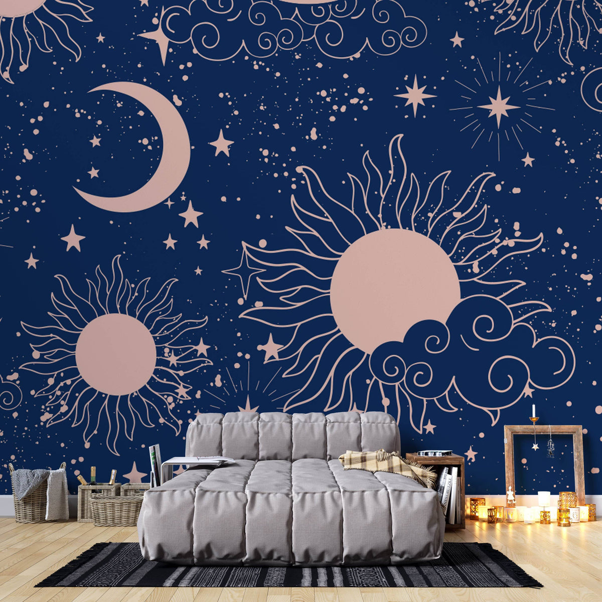 Midnight Blue Celestial Dreams Wallpaper, sun and moon patterns, elegant bedroom with grey sofa, wooden flooring.