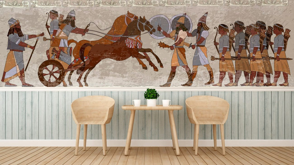 Ancient Warrior Mural Wallpaper in a living room with wooden flooring, pale blue panelling, and chairs.