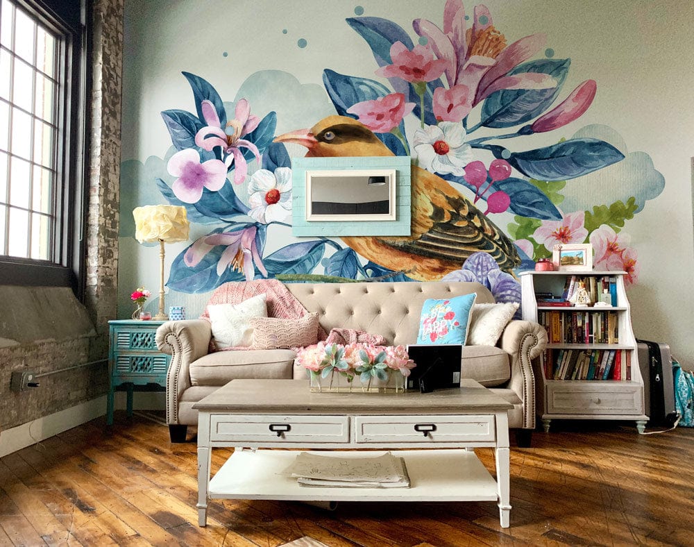 Elegant Watercolour Bird Wallpaper in Pastel Hues, beige sofa, wooden floor, living room with decor.