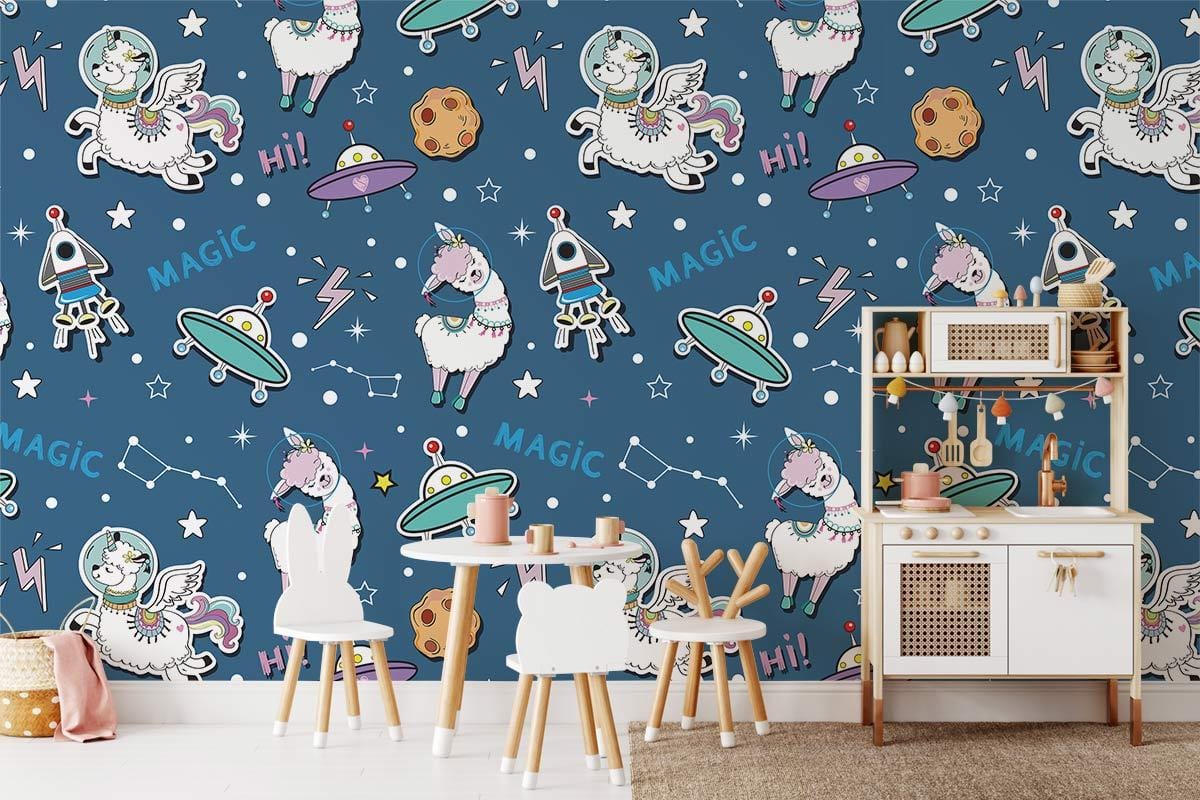 Whimsical Space Llama Cosmic Blue Wallpaper in children's room with white furniture and play table.