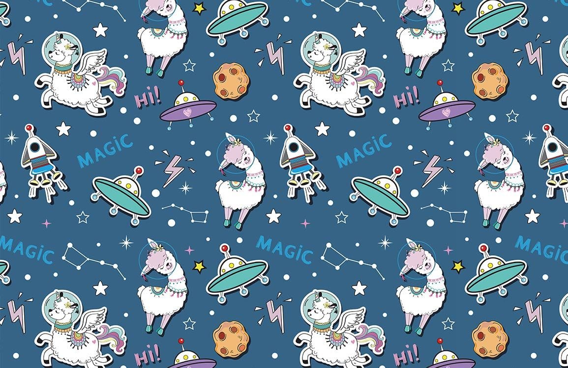 Whimsical Space Llama Patterned Wallpaper in Cosmic Blue for Kids' Rooms