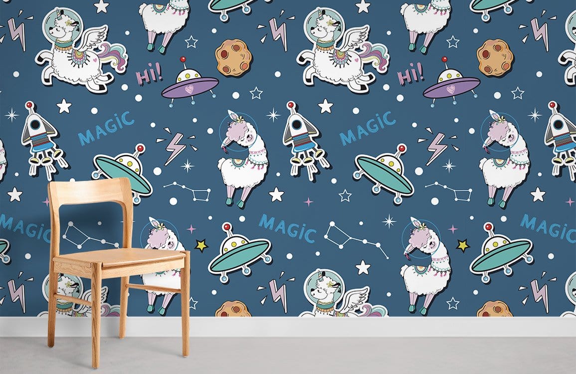 Whimsical space llama wallpaper, cosmic blue. Features wooden chair, ideal for children's rooms, playful design.