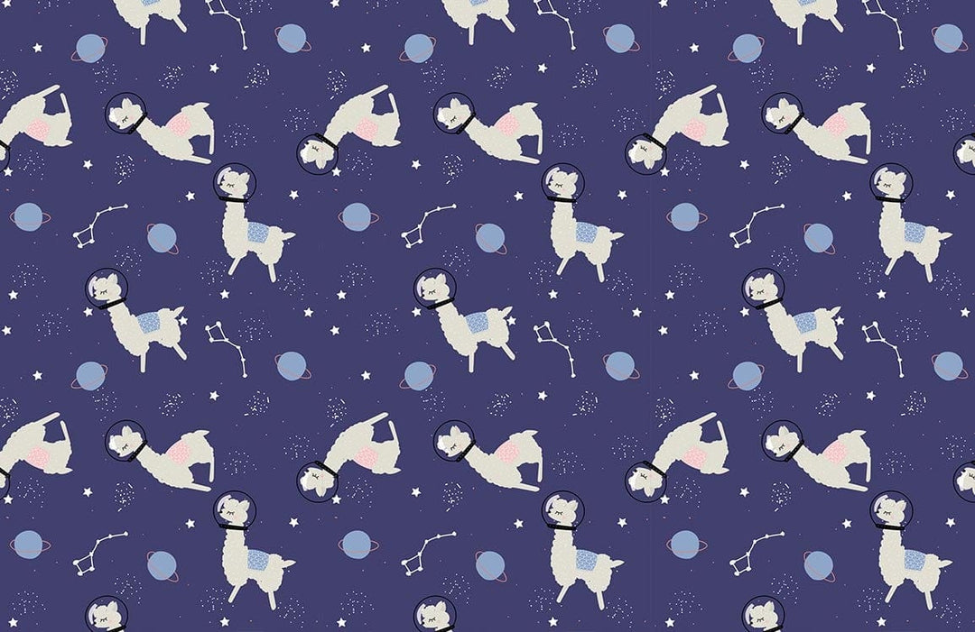 Charming Space Llama Kids' Wallpaper - Dark Blue Cosmic Adventure Pattern
