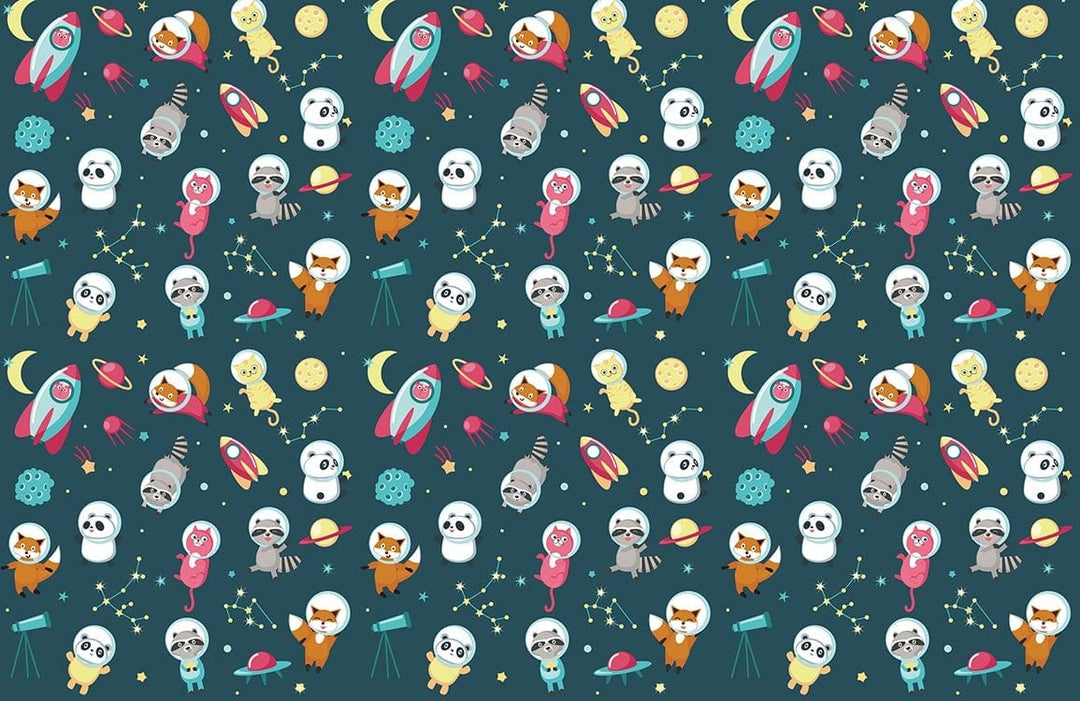 Whimsical Space Adventure Kids' Wallpaper - Dark Blue, Fun Cartoon Pattern