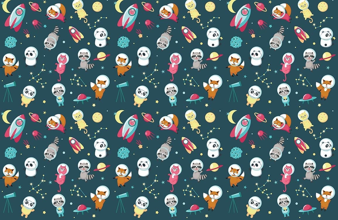 Whimsical Space Adventure Kids' Wallpaper - Dark Blue, Fun Cartoon Pattern