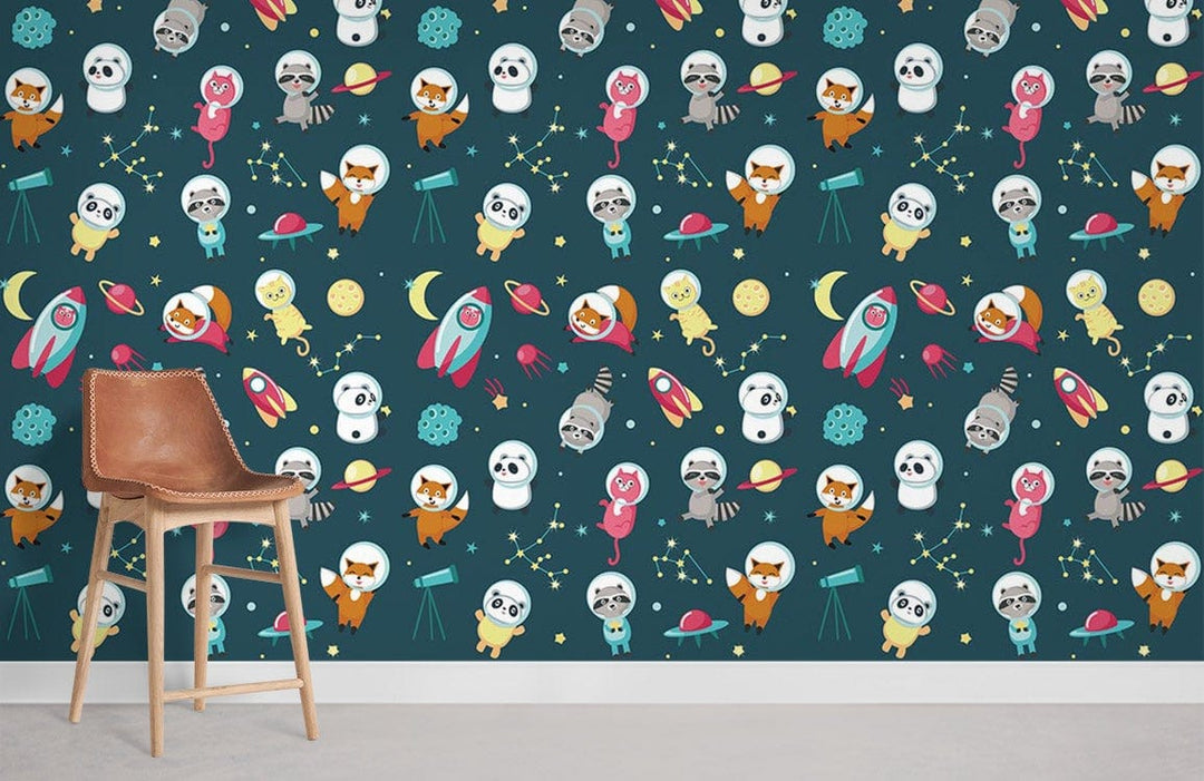 Whimsical Space Adventure Kids' Wallpaper, dark blue, fun cartoon pattern, with brown chair, white flooring.