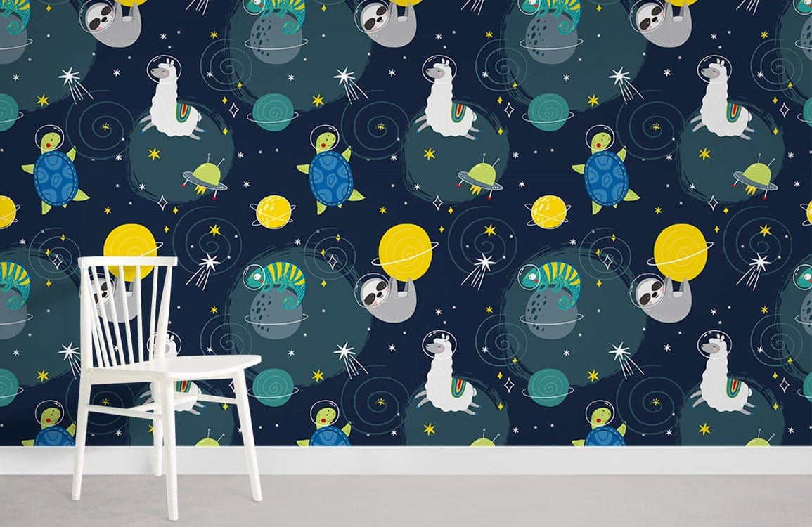Space Adventure Animals kids mural wallpaper; fun multicolour design with white chair and grey flooring.