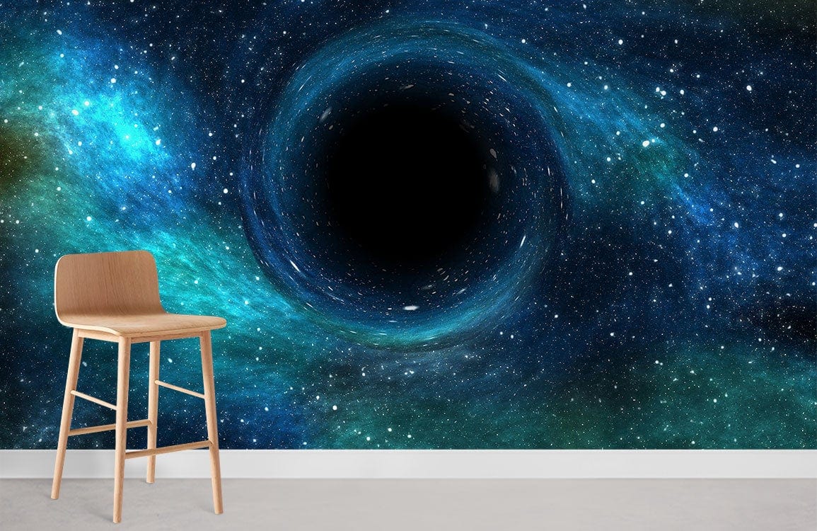 Galactic Black Hole Space Mural Wallpaper in room with minimalist wooden chair and light grey flooring.