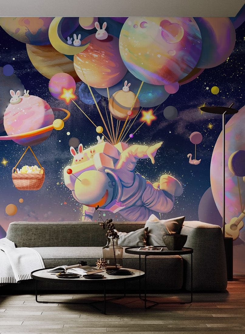 Whimsical Cosmic Adventure Wallpaper with Pastel Balloons, grey sofa, round tables, dark wood flooring.