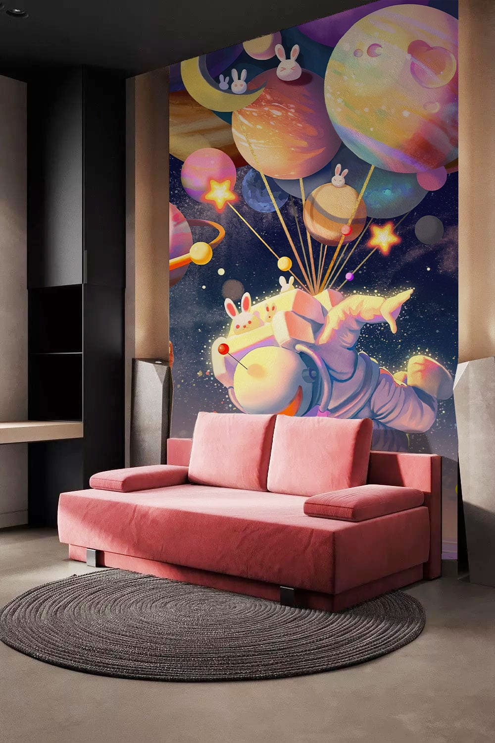 Whimsical Cosmic Adventure Astronaut Mural Wallpaper, pastel colours, pink sofa, grey flooring, living room.