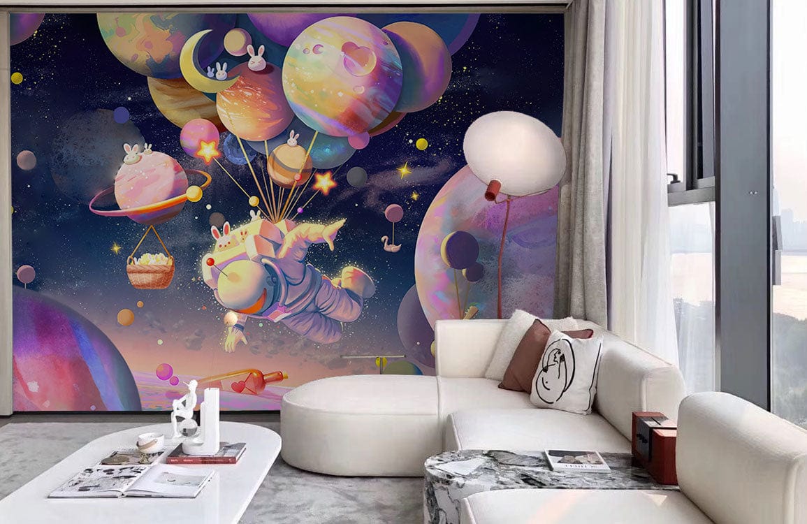Whimsical Cosmic Adventure astronaut mural with pastel colours, modern white sofa, and grey carpet flooring.