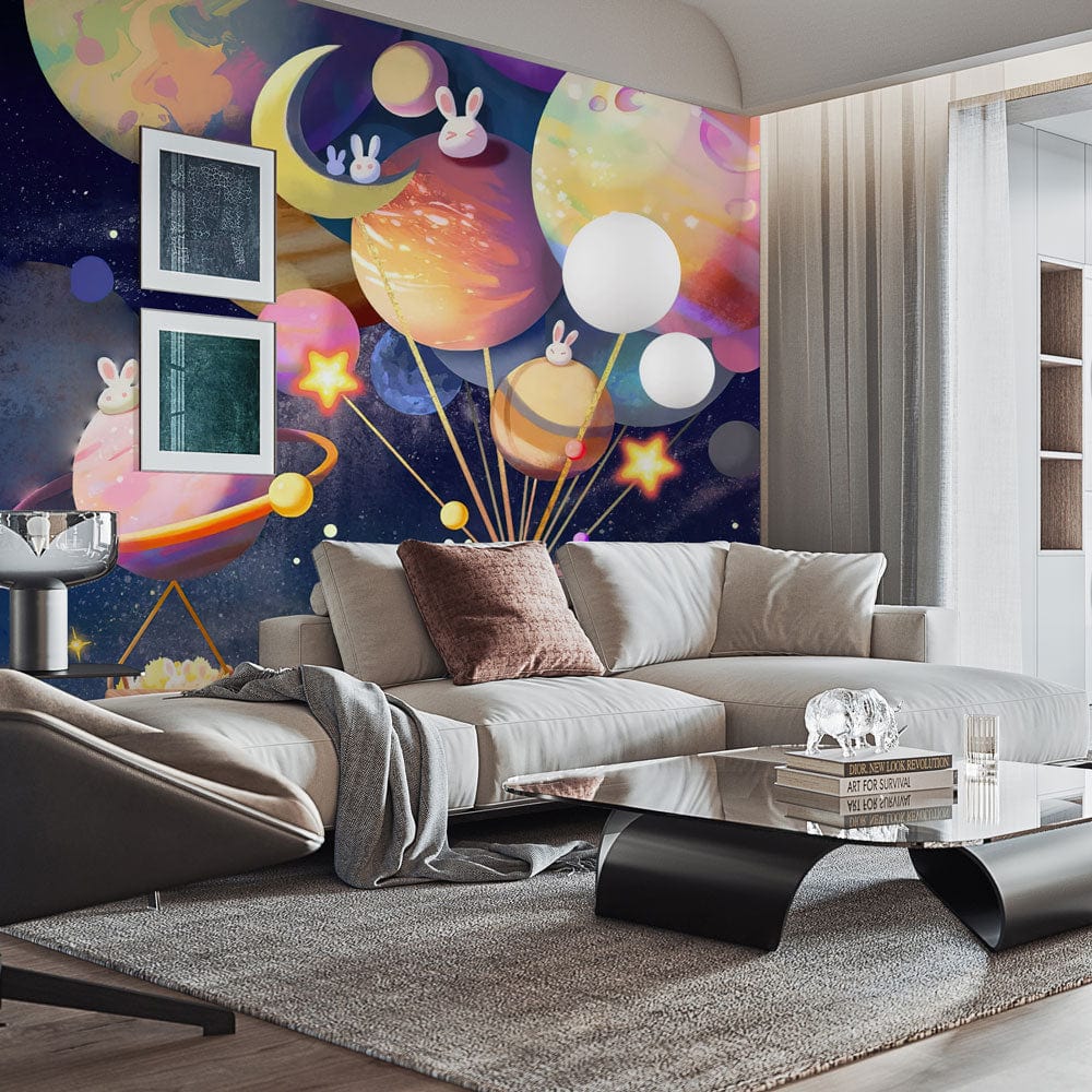 Whimsical Cosmic Adventure astronaut mural wallpaper, pastel colours. Cream sofa, grey rug, modern living room.