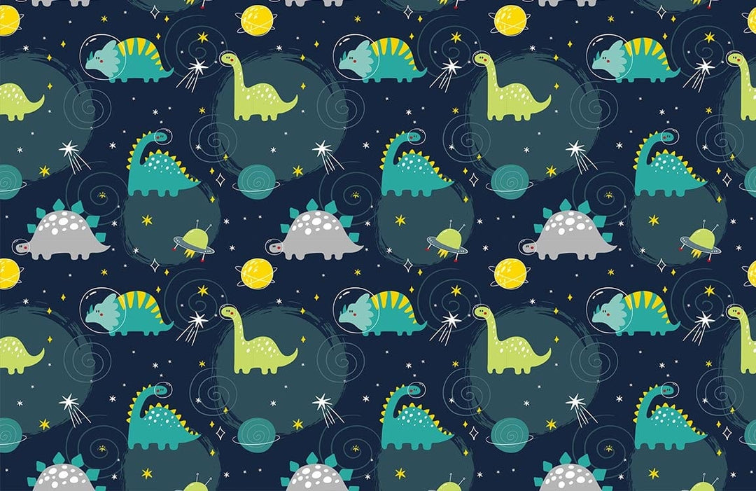 Playful Dinosaur Galaxy Children's Wallpaper in Cosmic Blue and Green