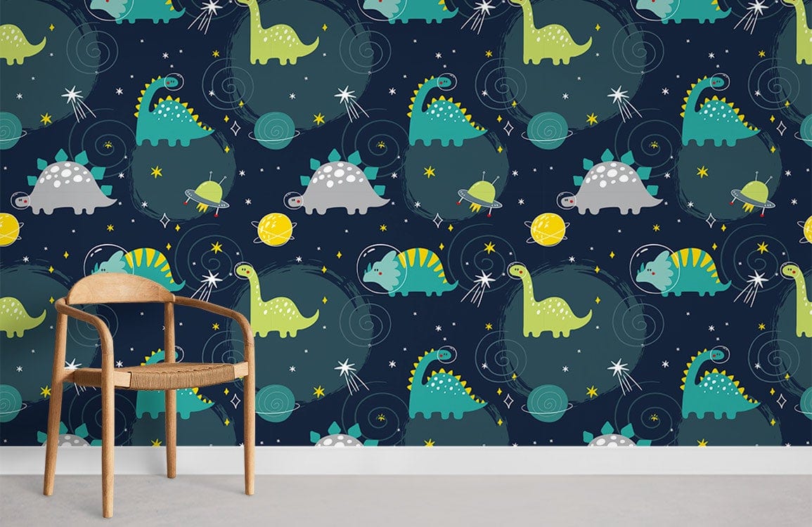 Playful Dinosaur Galaxy wallpaper, cosmic blue green, wooden chair, grey flooring, children's room decor.