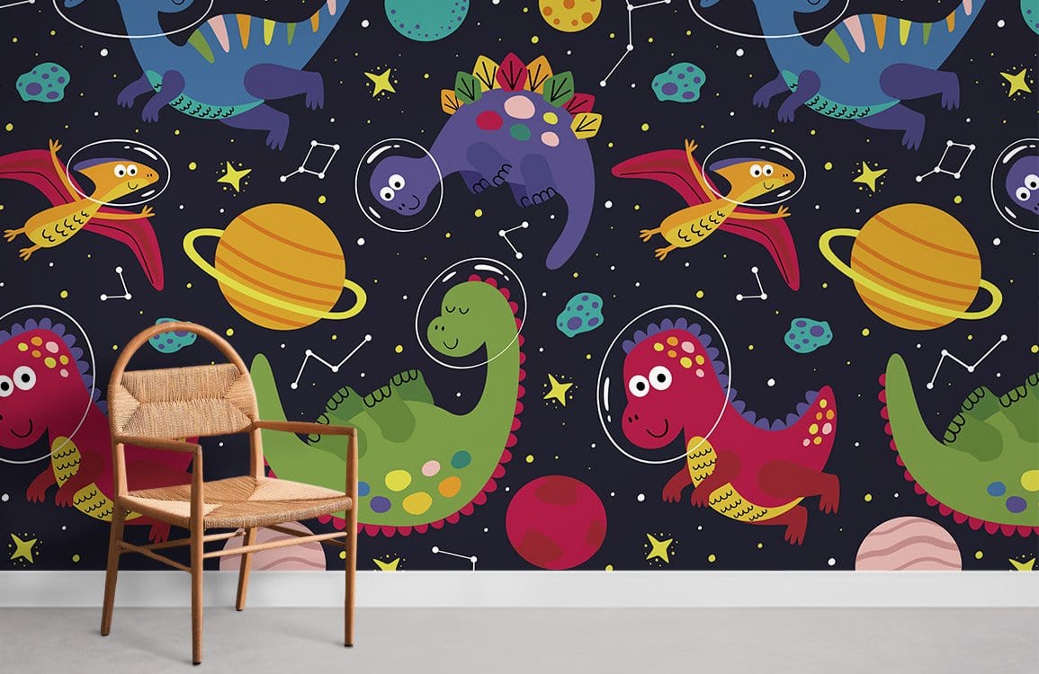 Colourful dinosaur mural wallpaper with space theme; wooden chair; bright children's room decor.