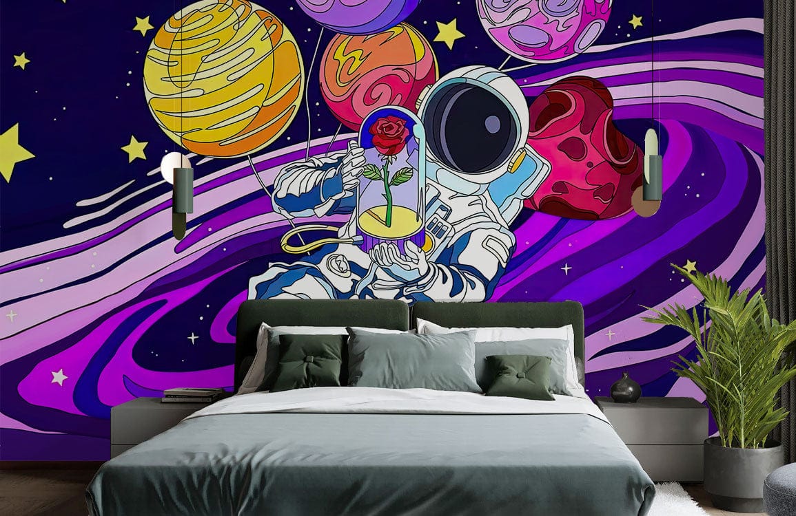 Cosmic Astronaut Galaxy Adventure Mural in modern bedroom; grey bed, wooden flooring, vibrant decor.