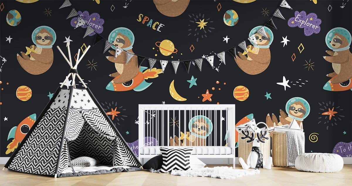 Whimsical Space Explorer Sloths mural in children's room with teepee, crib, patterned flooring, dark wallpaper.
