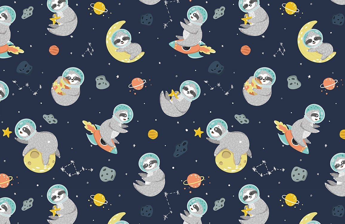 Charming Cosmic Sloth Adventures Wallpaper - Dark Blue, Whimsical Nursery Decor