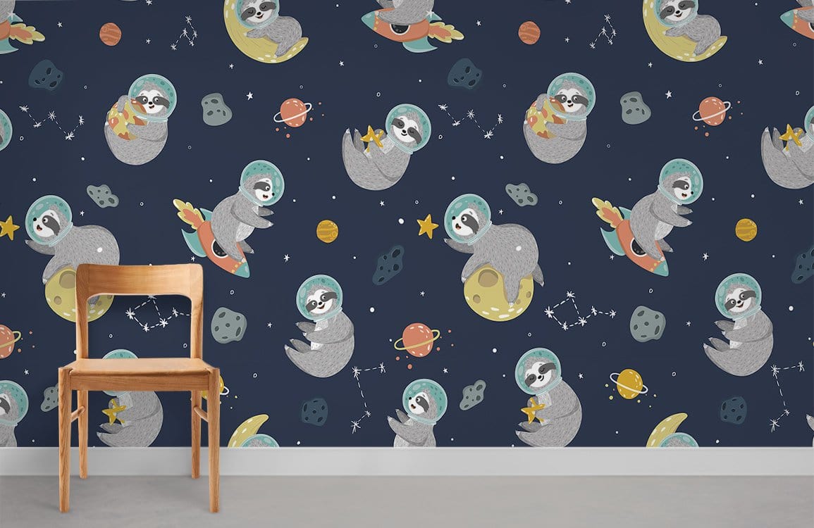 Charming Cosmic Sloth Adventures Wallpaper in dark blue nursery with wooden chair, whimsical space theme.