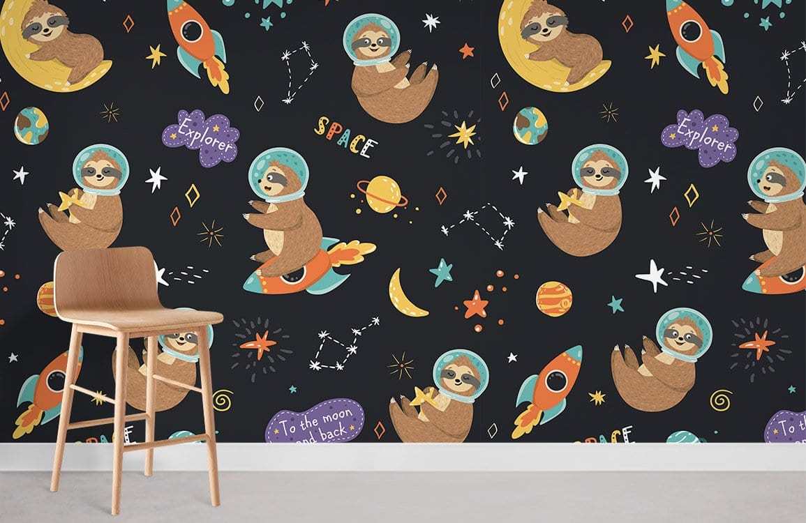 Whimsical Space Explorer Sloths mural in dark children's room, featuring constellation patterns, wooden chair.