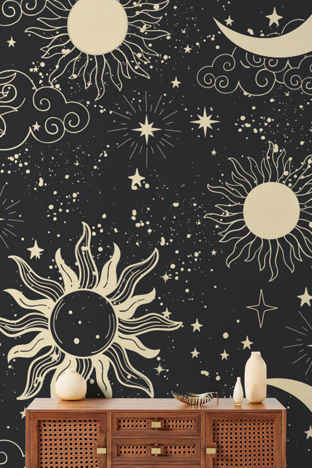 Celestial wallpaper in black beige cosmic pattern, featuring sun and moon design, wooden sideboard front.