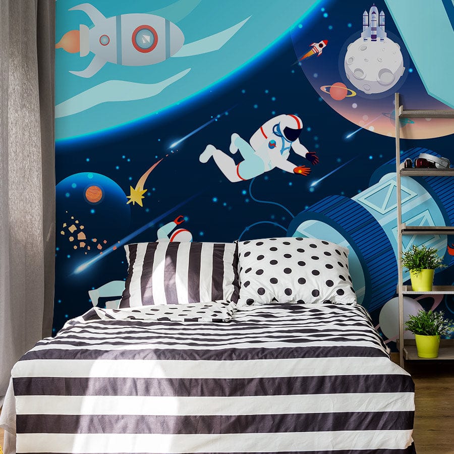 Vibrant Astronauts and Rockets Mural Wallpaper in Bedroom; Striped Bedding, Minimalist Decor, Space Theme.