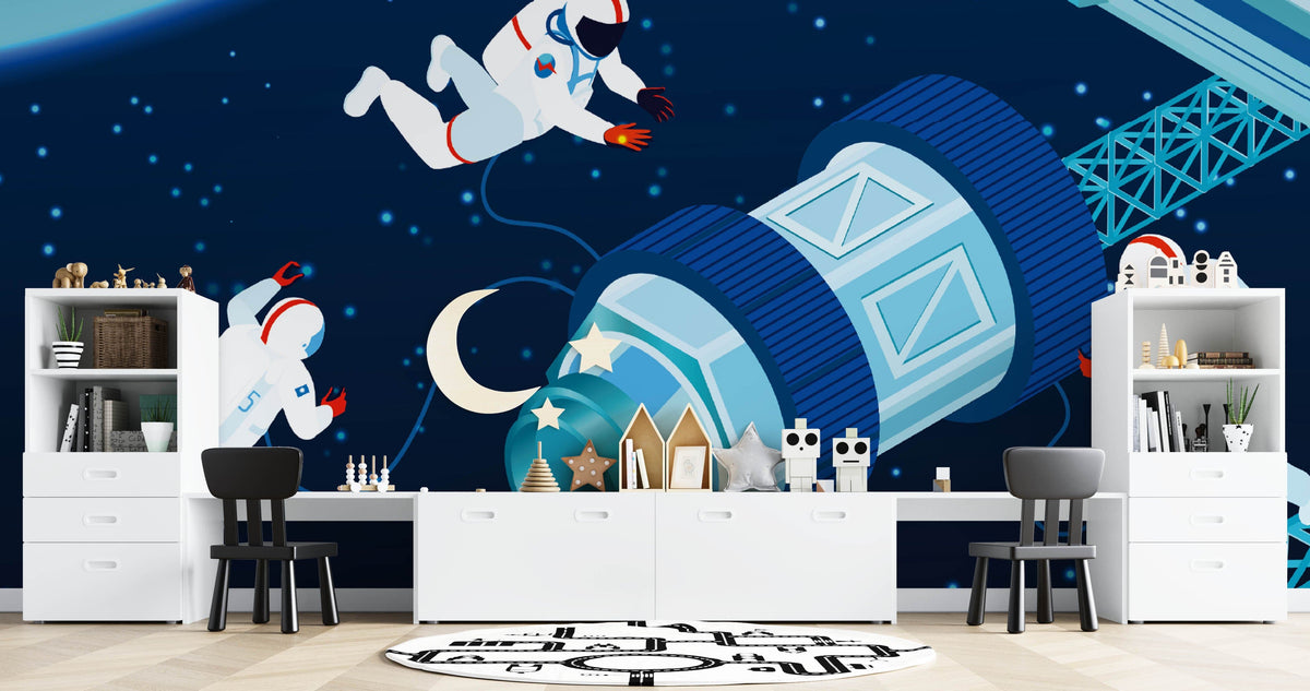 Vibrant space-themed mural wallpaper featuring blue astronauts; modern kids' room with white storage units.